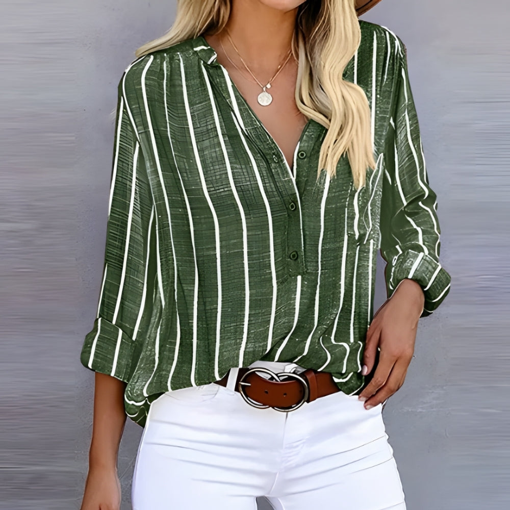 Damen Bluse Langarm Gestreift Knopfleiste Weiß
