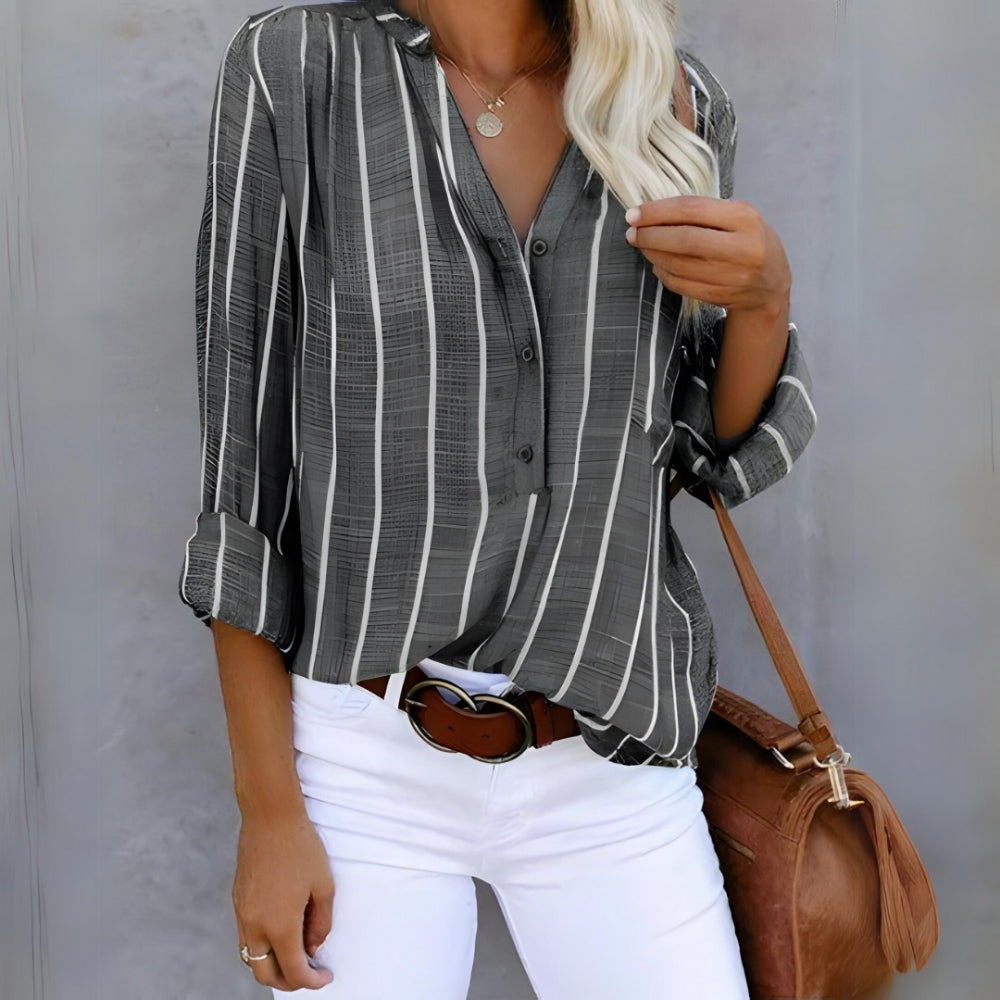 Damen Bluse Langarm Gestreift Knopfleiste Weiß