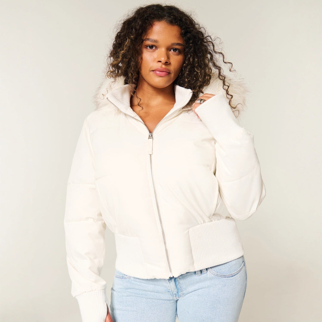 Damen Steppjacke Wattierte Kapuze Warm Beige - Eveloria