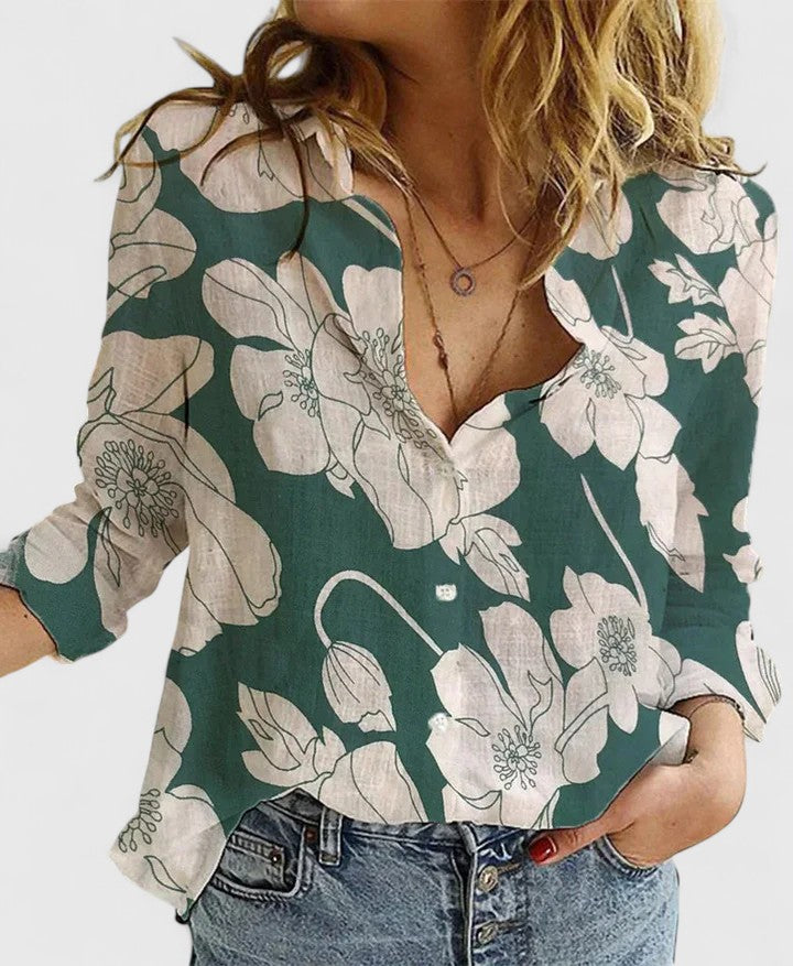 Damen Bluse V-Ausschnitt Knopfleiste Leicht Blau