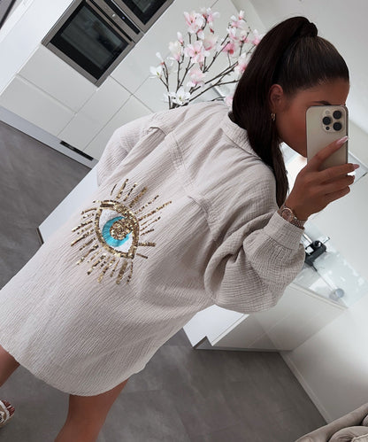 Eveloria Damen Oversize Bluse aus Musselin mit Glitzer und Auge Beige