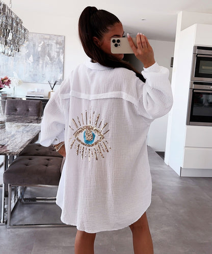 Damen Oversize Bluse aus Musselin mit Glitzer und Auge-Design Weiß