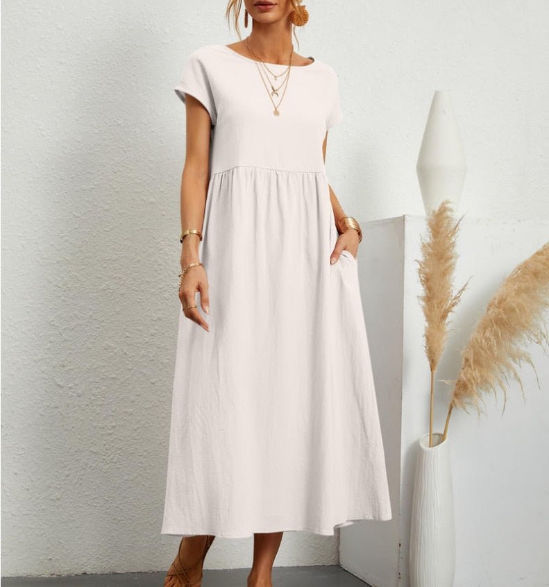 Damen Sommerkleid Rundhalsausschnitt Leicht Feminin Beige