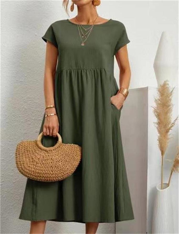 Damen Sommerkleid Rundhalsausschnitt Leicht Feminin Beige