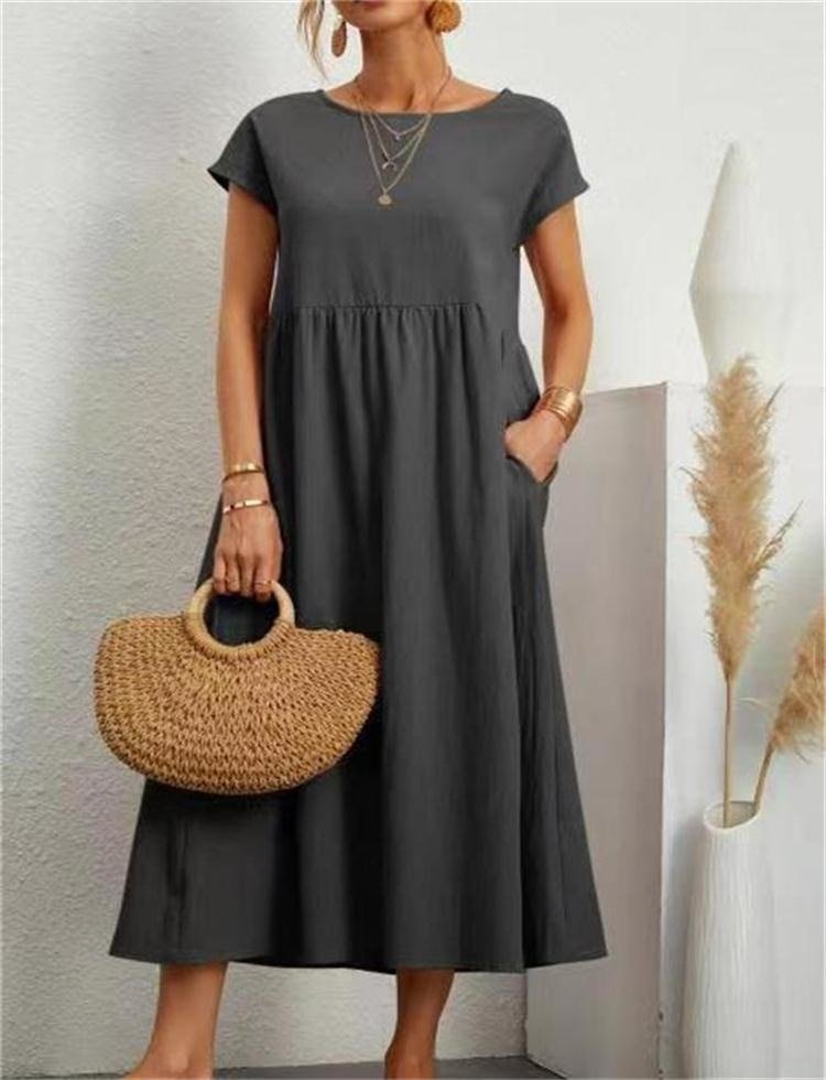 Damen Sommerkleid Rundhalsausschnitt Leicht Feminin Beige