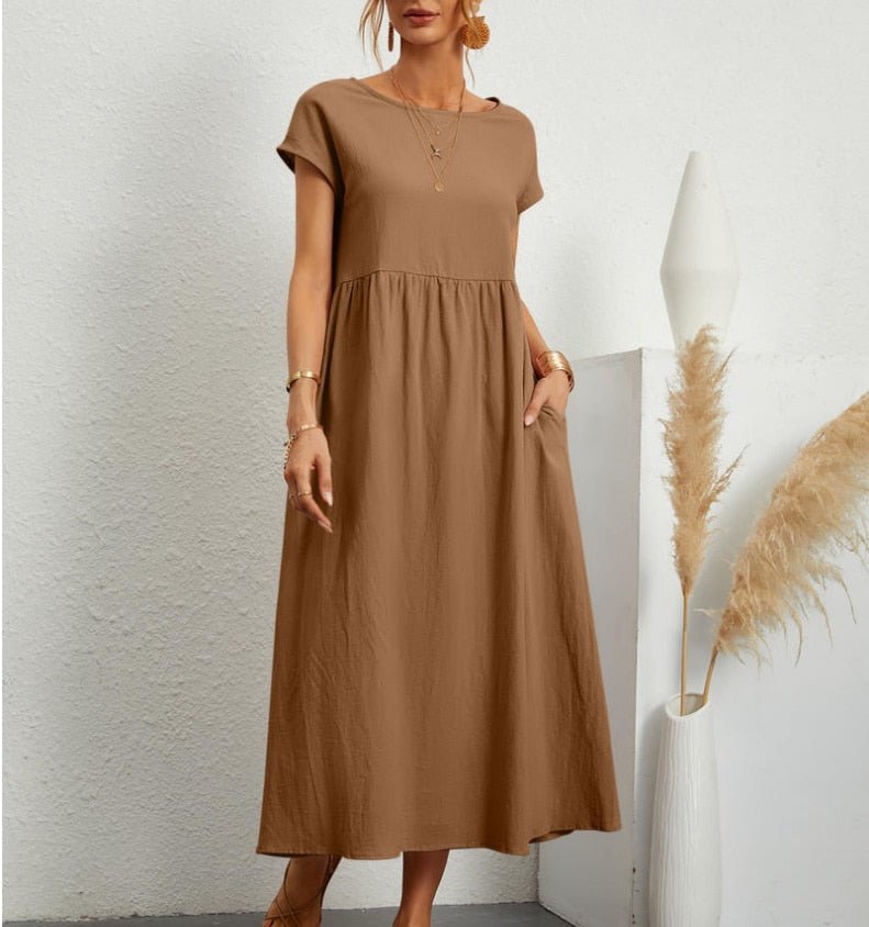 Damen Sommerkleid Rundhalsausschnitt Leicht Feminin Beige
