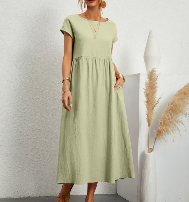 Damen Sommerkleid Rundhalsausschnitt Leicht Feminin Beige