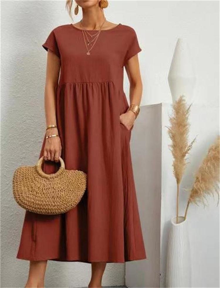 Damen Sommerkleid Rundhalsausschnitt Leicht Feminin Beige