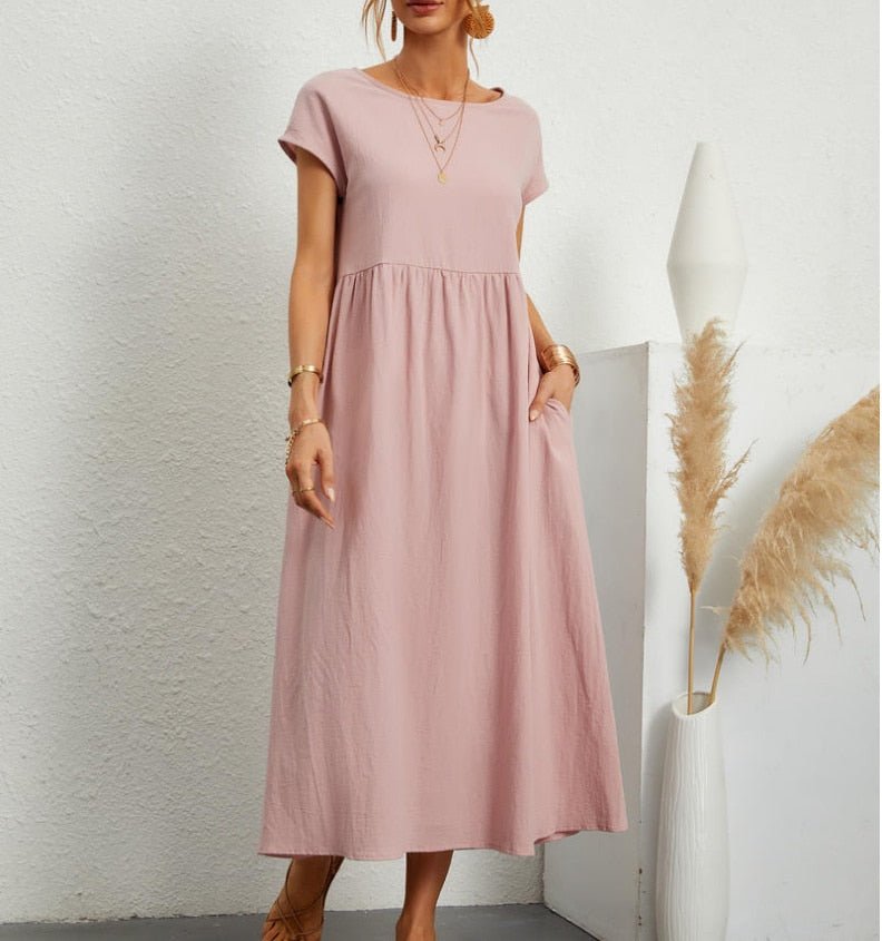 Damen Sommerkleid Rundhalsausschnitt Leicht Feminin Beige
