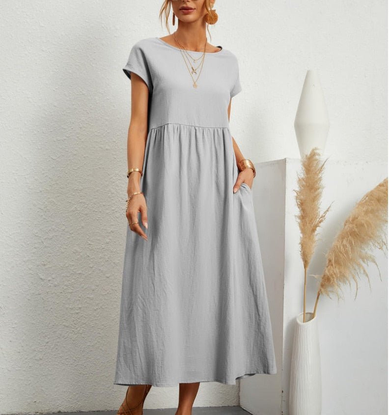 Damen Sommerkleid Rundhalsausschnitt Leicht Feminin Beige