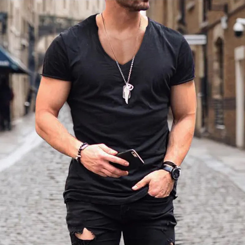 Herren T-Shirt V-Ausschnitt Baumwolle Weiß