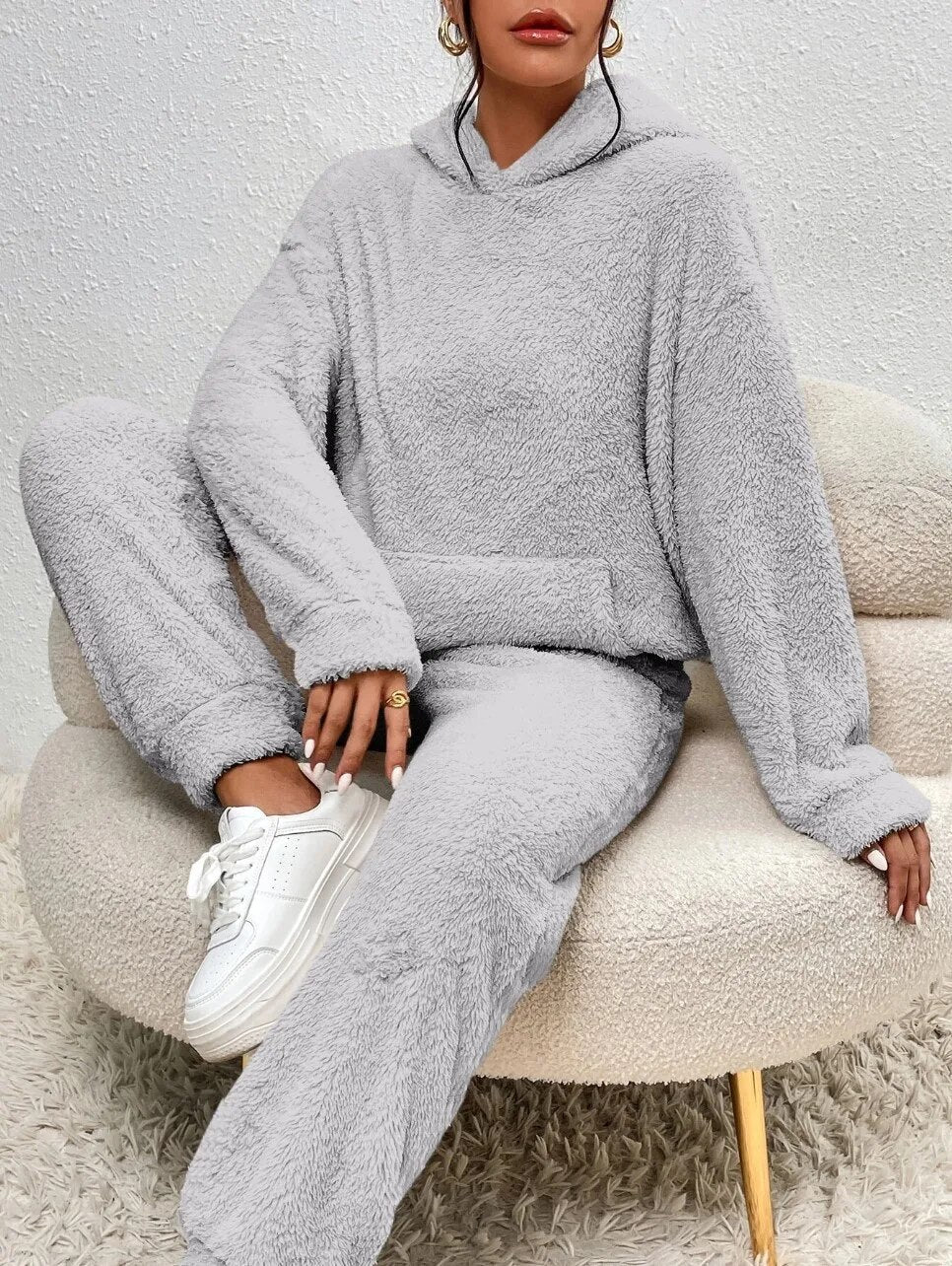 Damen Teddy Lounge Set Zweiteilig Kuschelig Grau