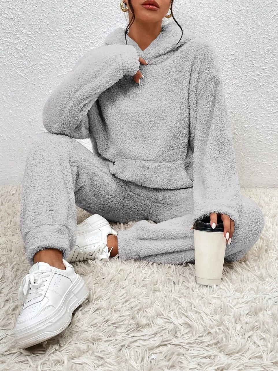 Damen Teddy Lounge Set Zweiteilig Kuschelig Grau