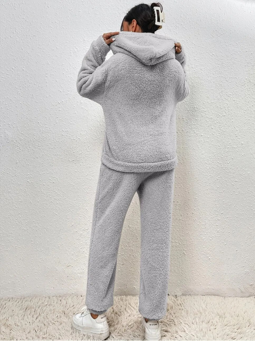 Damen Teddy Lounge Set Zweiteilig Kuschelig Grau