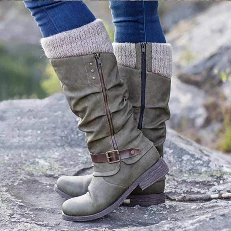 Damen Winterstiefel Blockabsatz seitlich Reißverschluss Schwarz - Eveloria