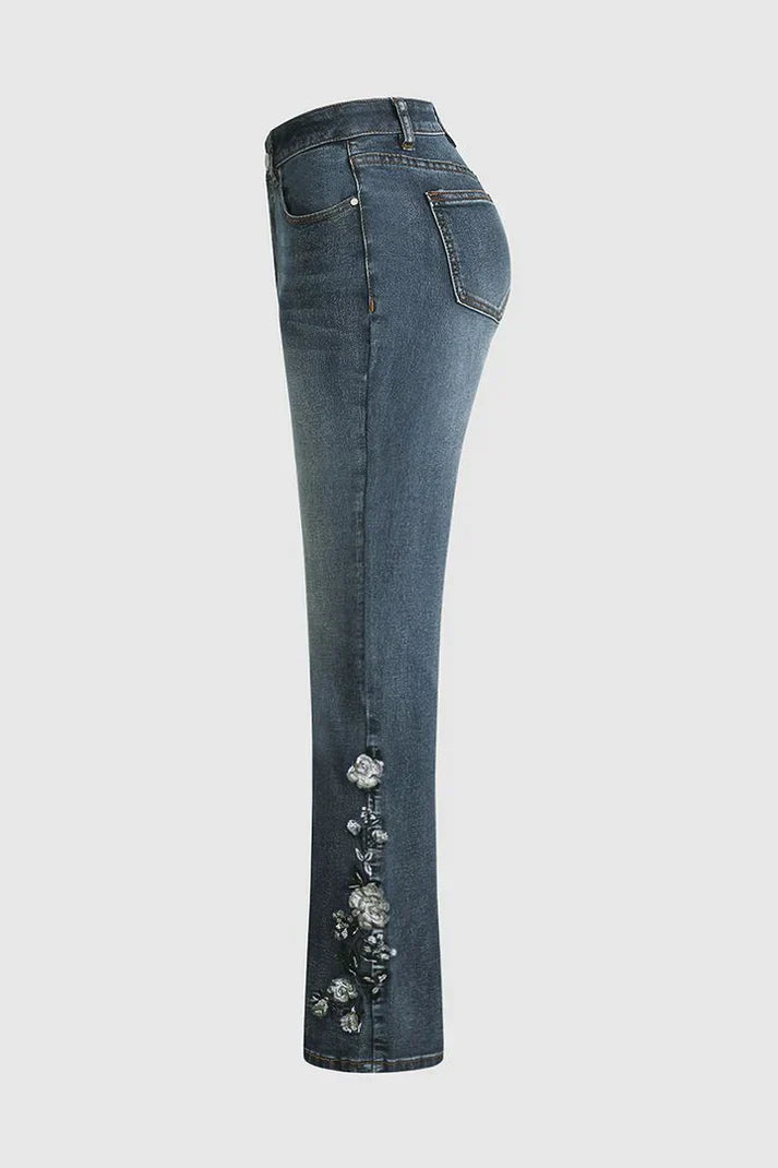 Eveloria Damen Mittel Taille Jeans Flamingo Bestickt Rosa - Eveloria