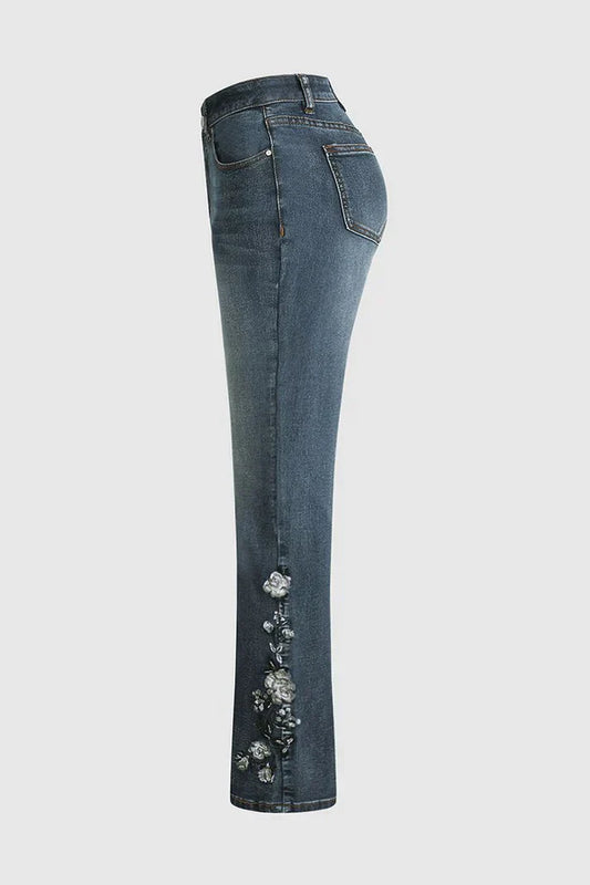 Eveloria Damen Mittel Taille Jeans Flamingo Bestickt Rosa - Eveloria