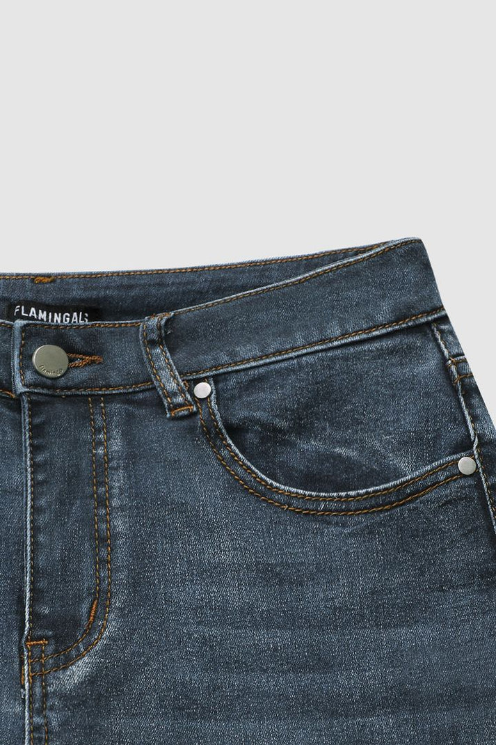 Eveloria Damen Mittel Taille Jeans Flamingo Bestickt