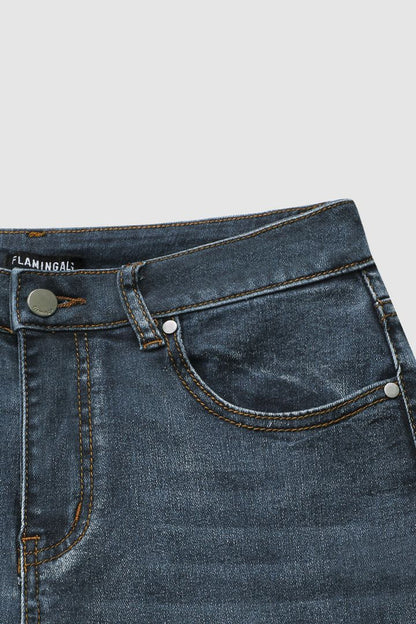 Eveloria Damen Mittel Taille Jeans Flamingo Bestickt