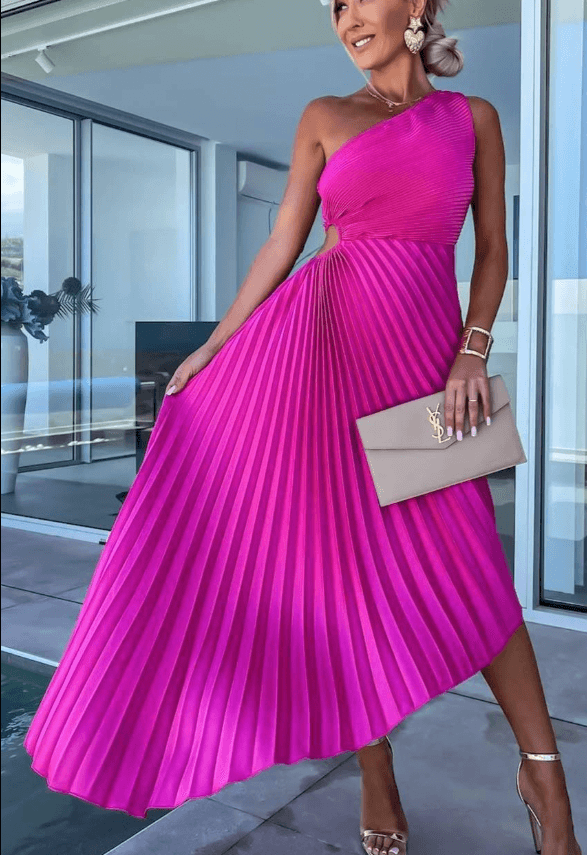 Damen Maxi-Kleid One-Shoulder Falten-Design