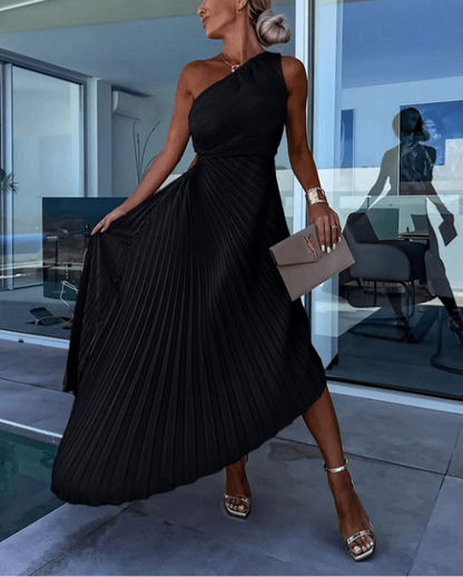 Damen Maxi-Kleid One-Shoulder Falten-Design