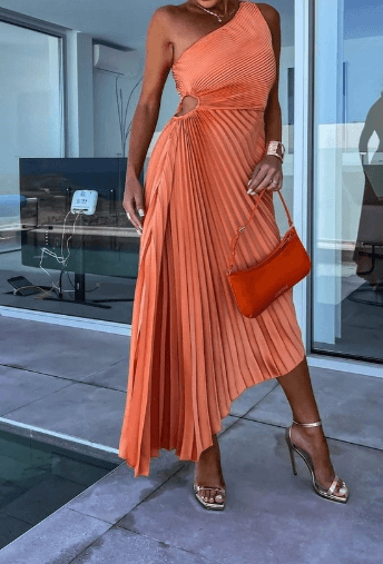 Damen Maxi-Kleid One-Shoulder Falten-Design