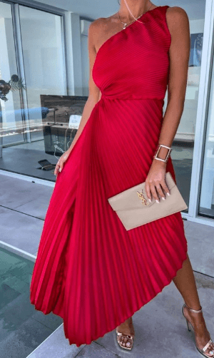 Damen Maxi-Kleid One-Shoulder Falten-Design - Eveloria