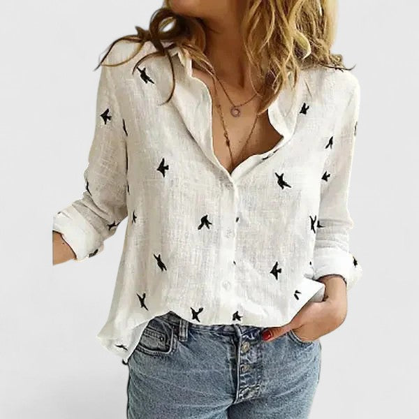 Damen Bluse V-Ausschnitt Knopfleiste Leicht Blau