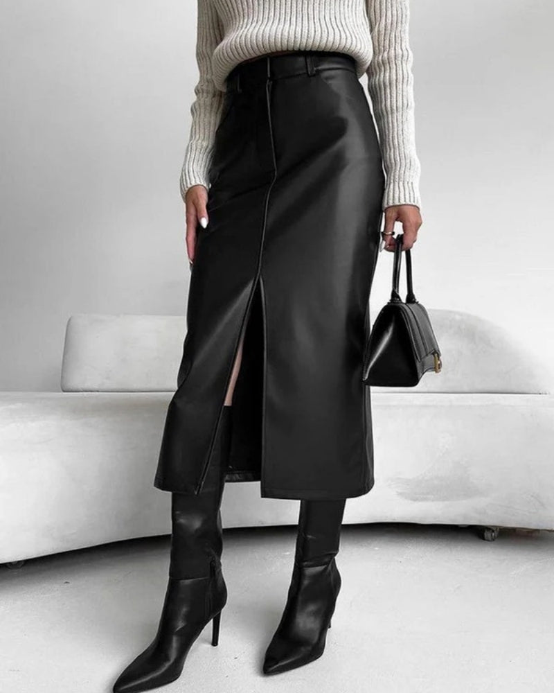 Damen High-Waist Midi-Rock mit Frontschlitz Figurbetonter