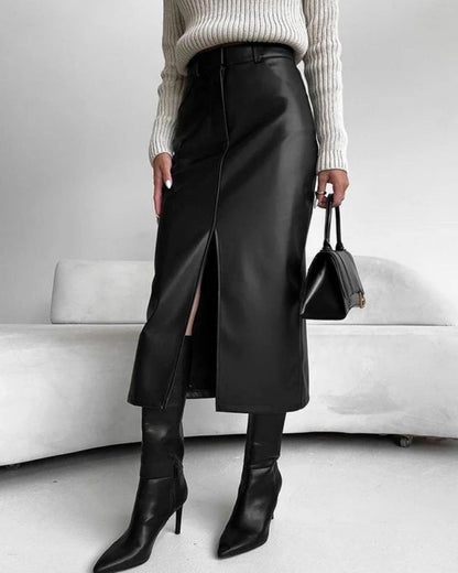 Damen High-Waist Midi-Rock mit Frontschlitz Figurbetonter