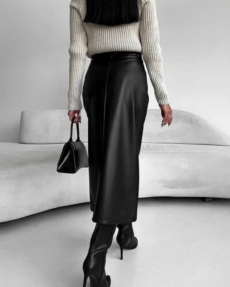 Damen High-Waist Midi-Rock mit Frontschlitz Figurbetonter