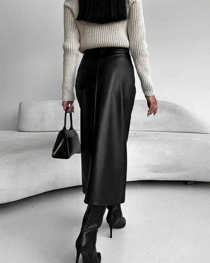 Damen High-Waist Midi-Rock mit Frontschlitz Figurbetonter