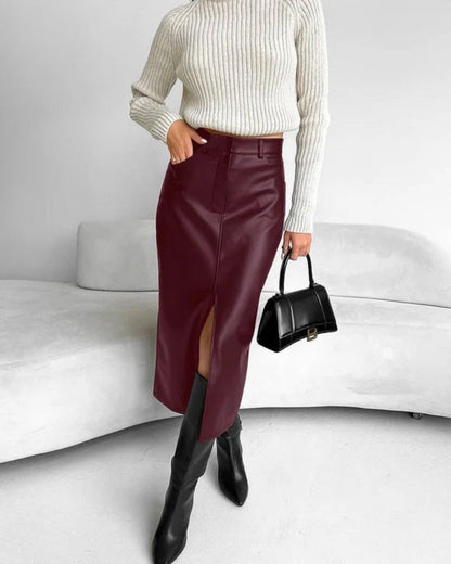Damen High-Waist Midi-Rock mit Frontschlitz Figurbetonter