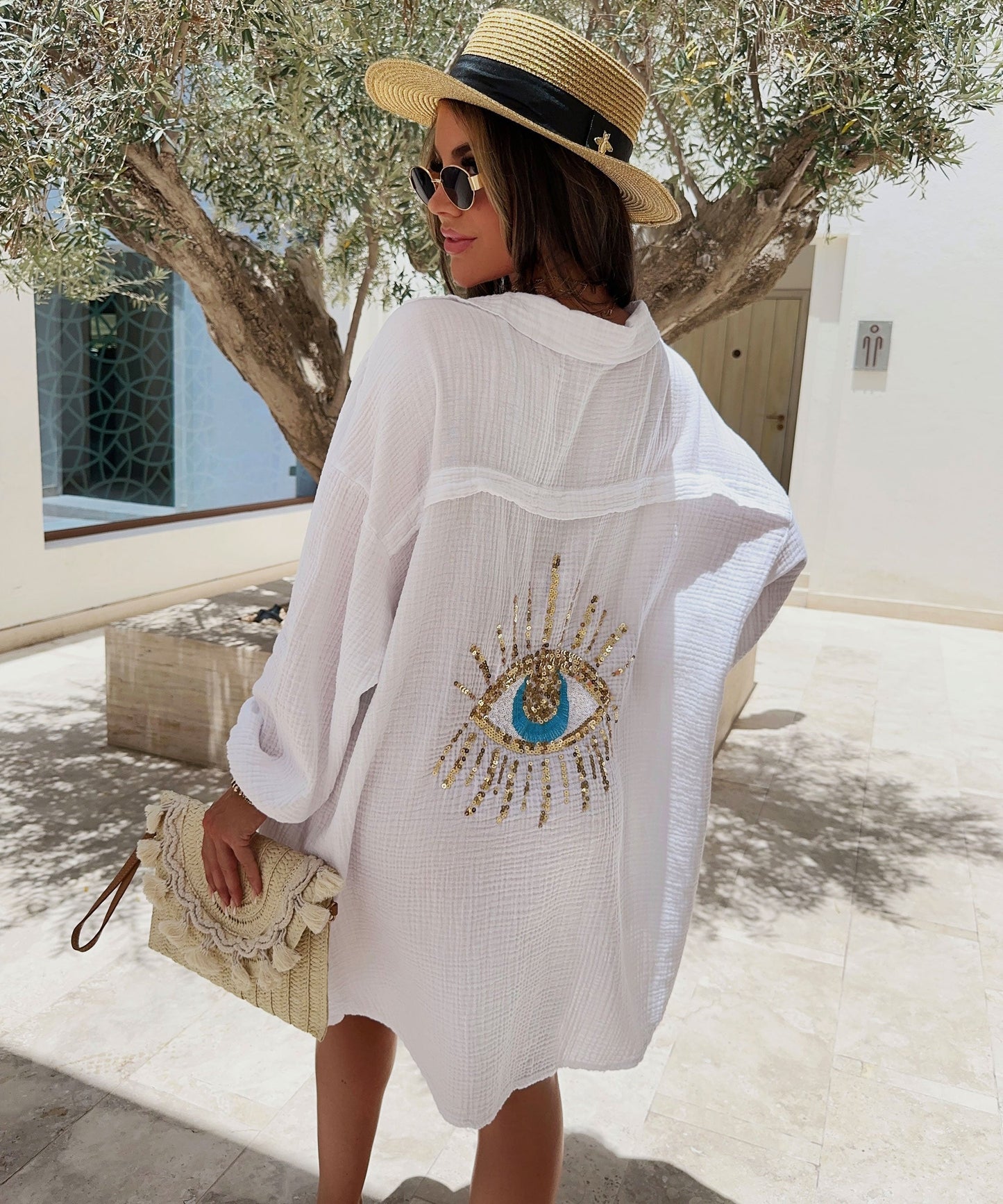 Damen Oversize Bluse aus Musselin mit Glitzer und Auge-Design Weiß - Eveloria