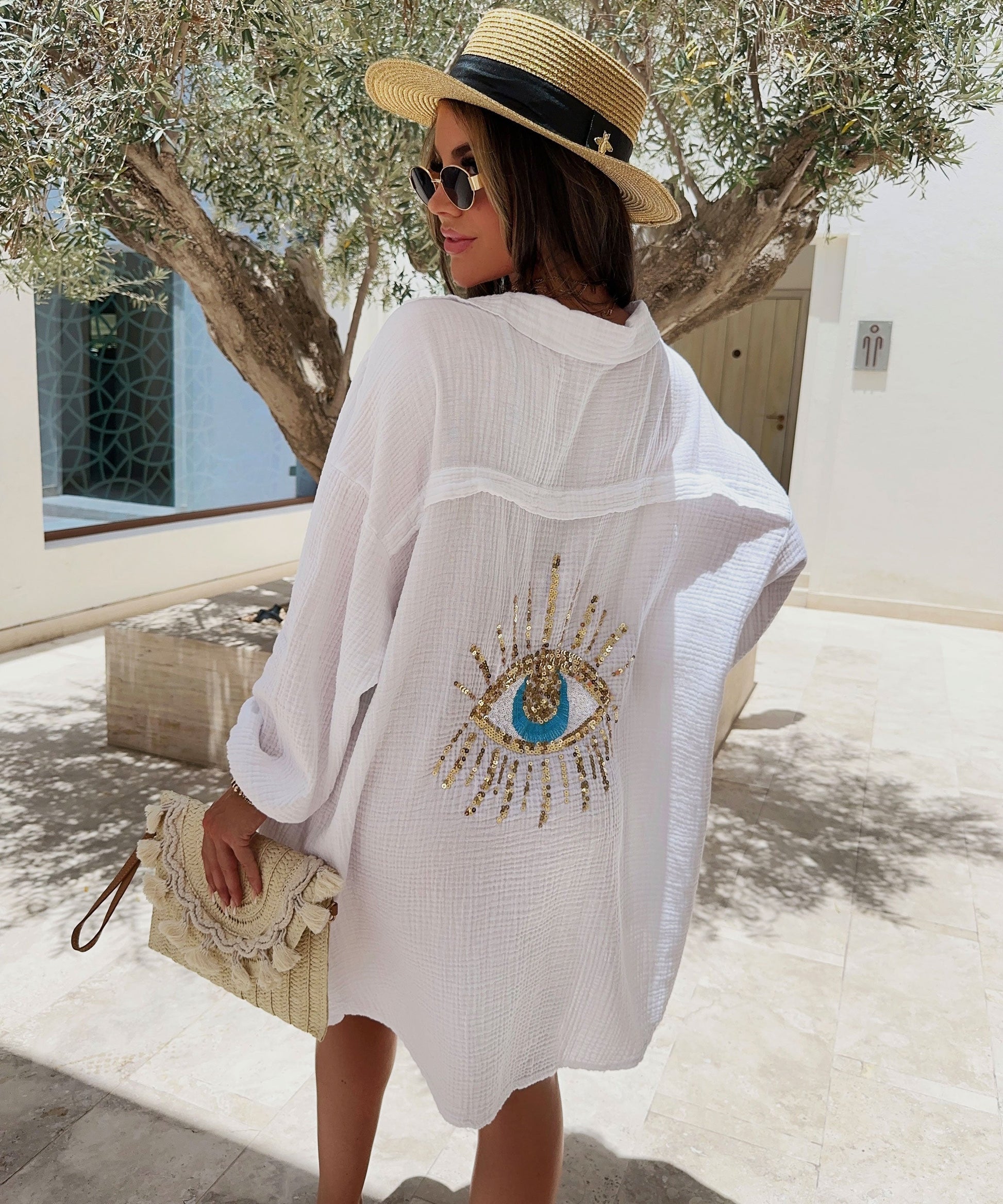 Damen Oversize Bluse aus Musselin mit Glitzer und Auge-Design Weiß - Eveloria