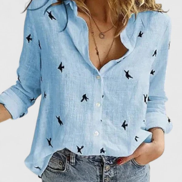 Damen Bluse V-Ausschnitt Knopfleiste Leicht Blau
