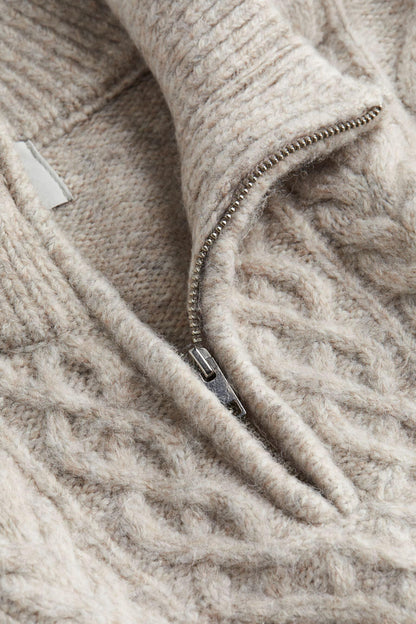Felix Damen Zopfstrickpullover Halbreißverschluss Warm Beige