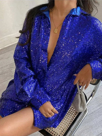 Damen Oversized Hemdkleid Langarm Glitzer