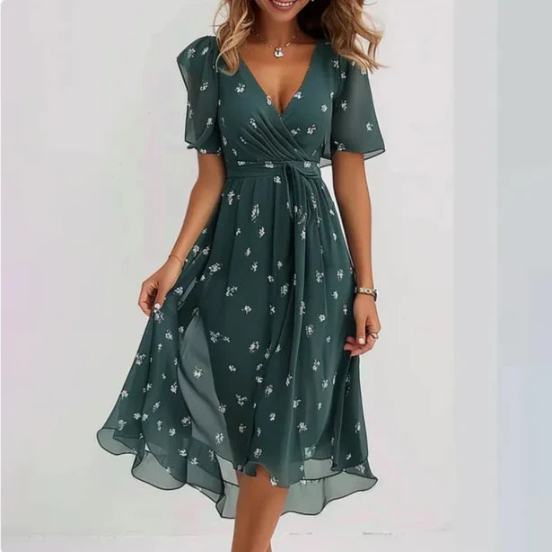 Damen Sommerkleid Kurzarm Blumen Midi