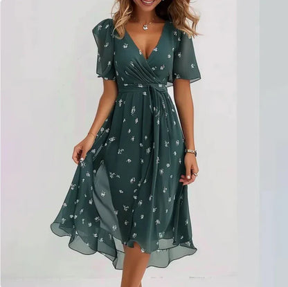 Damen Sommerkleid Kurzarm Blumen Midi