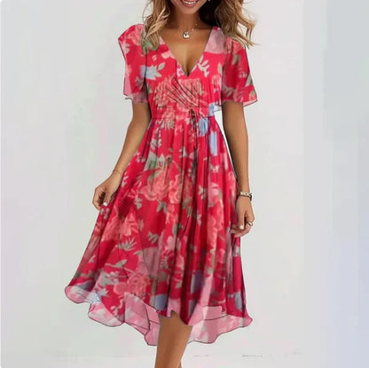 Damen Sommerkleid Kurzarm Blumen Midi