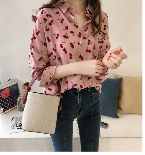Damenbluse Kirschenprint Baumwolle Rosa - Eveloria
