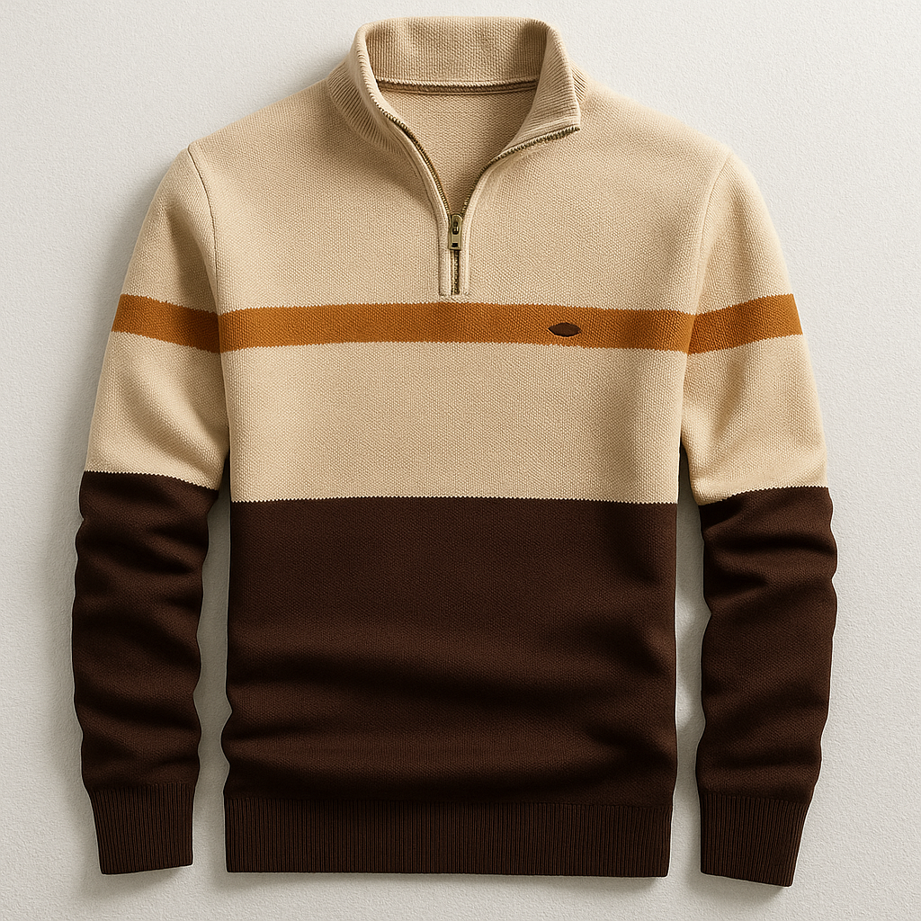 Herren Halbzippullover Blockstreifen-Design Warm Beige