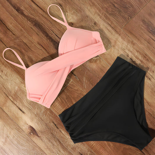 Damen Wickelbadeanzug Hoher Bund Schwarz - Eveloria
