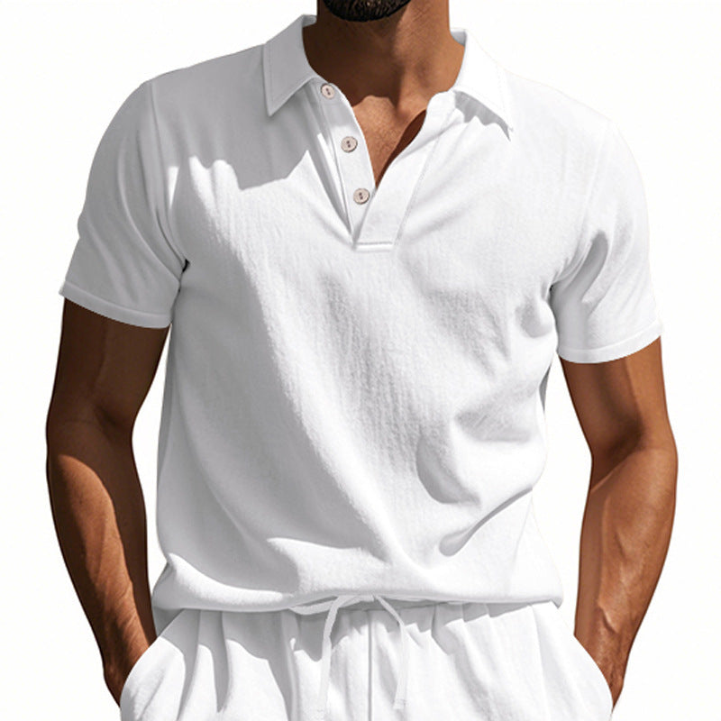 Herren Leinen Polohemd Kurzarm Halbknopf Beige
