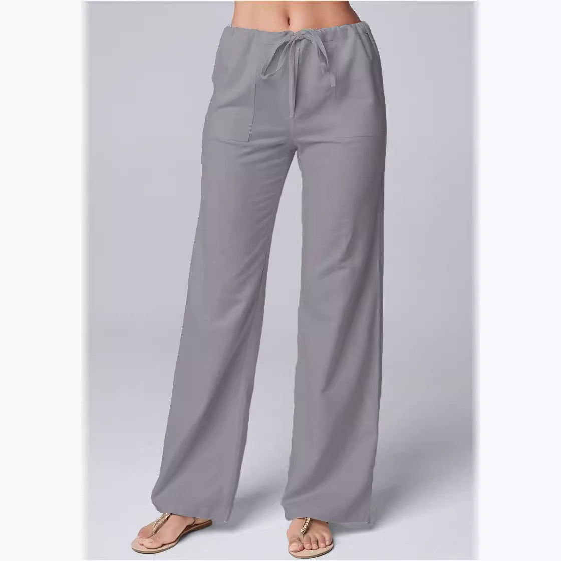 Damen Leinenhose Weitbein Kordelzug Beige