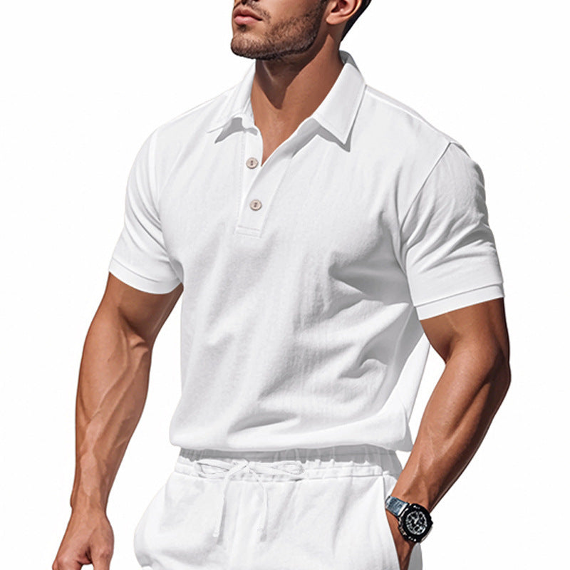 Herren Leinen Polohemd Kurzarm Halbknopf Beige