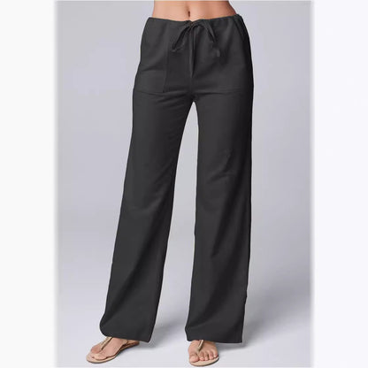 Damen Leinenhose Weitbein Kordelzug Beige