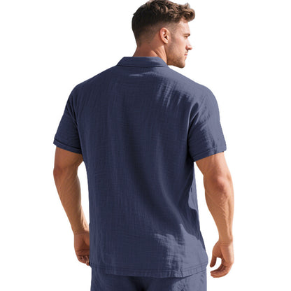 Herren Leinen Polohemd Kurzarm Halbknopf Beige