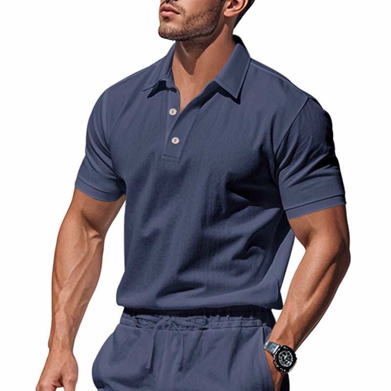 Herren Leinen Polohemd Kurzarm Halbknopf Beige